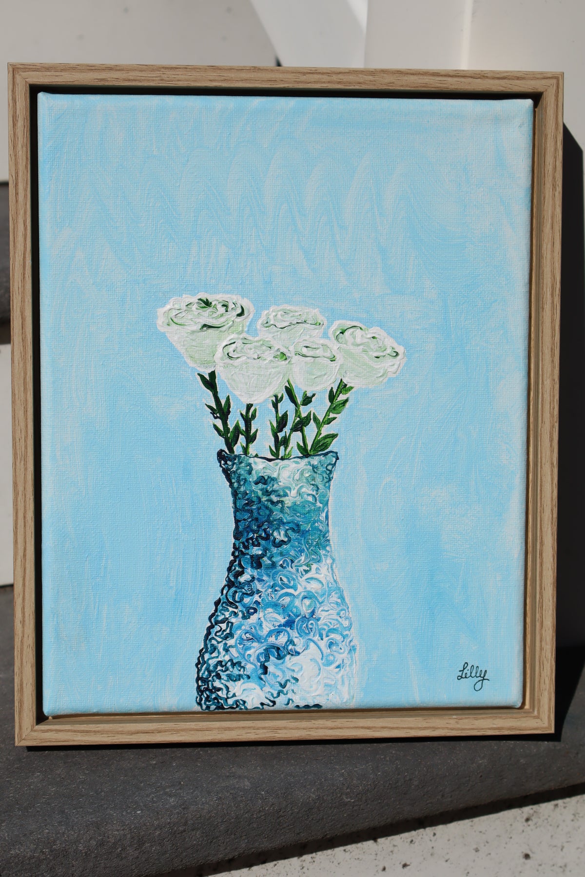“White rose bouquet” 8x10 framed acrylic on canvas painting