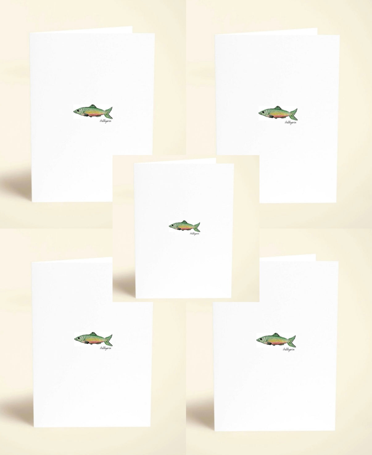 5 Pack Green Fish Greeting Cards