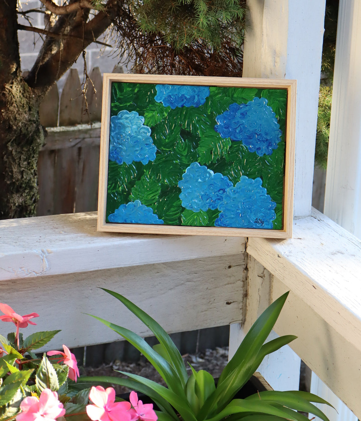 8x10 Blue Hydrangeas Framed Acrylic Painting