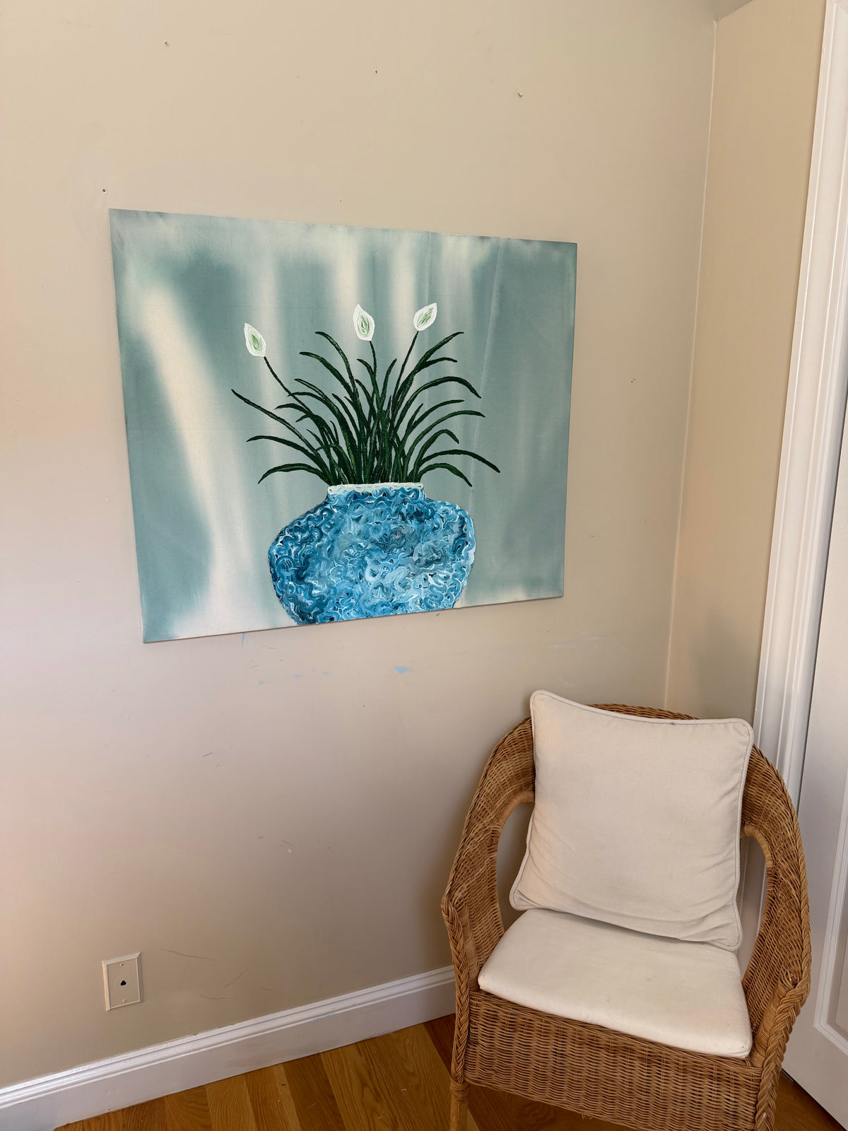 “Peace Lily” 29x35 acrylic on raw canvas painting