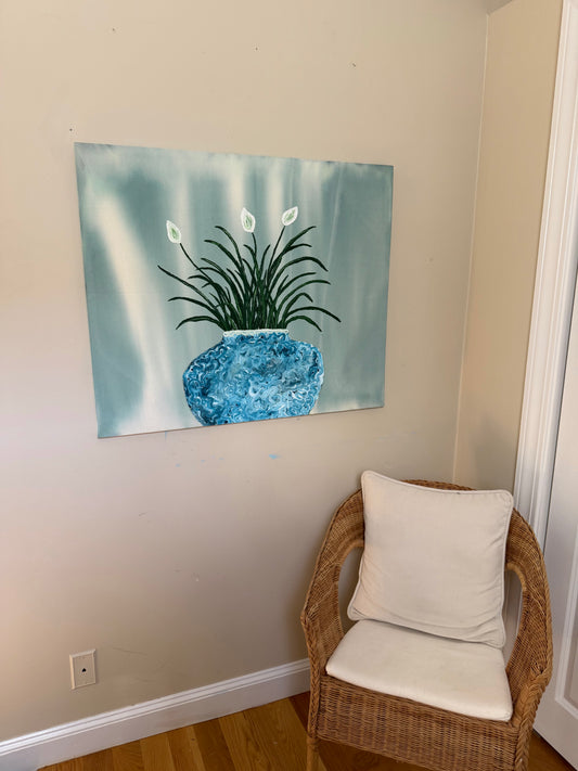 “Peace Lily” 29x35 acrylic on raw canvas painting