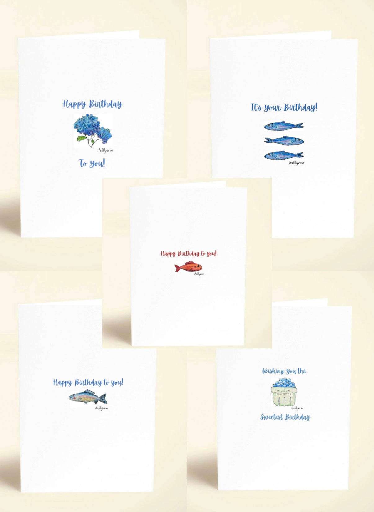 Set of birthday cards with various illustrations on a beige background