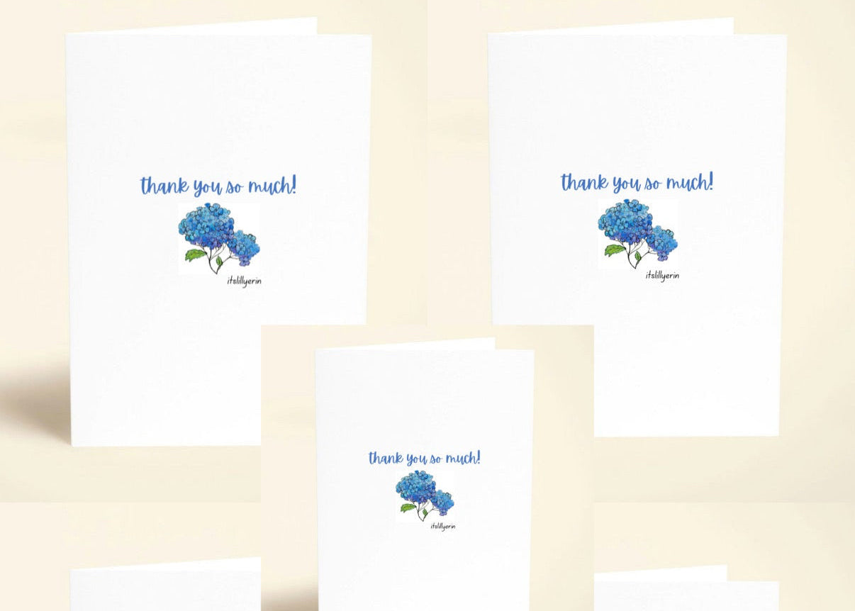 Set of greeting cards with blue flowers and text on a beige background