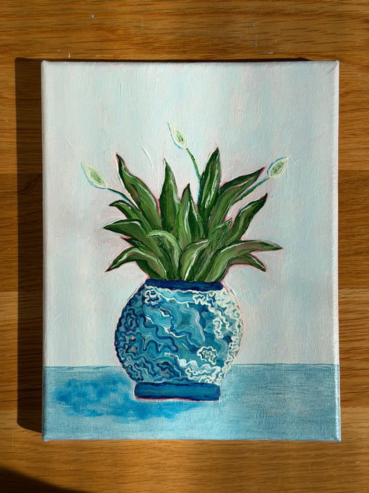 “Blue Peace Lily” 8x10 acrylic on canvas painting