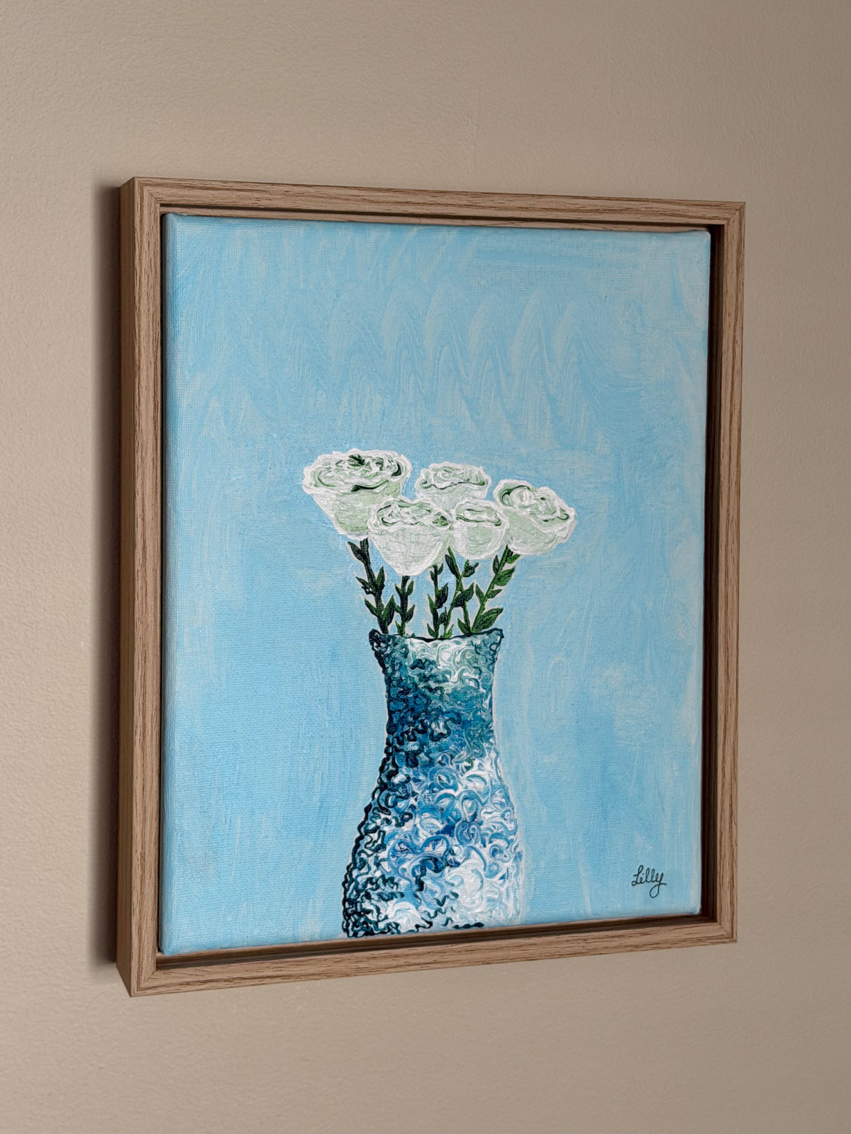 “White rose bouquet” 8x10 framed acrylic on canvas painting