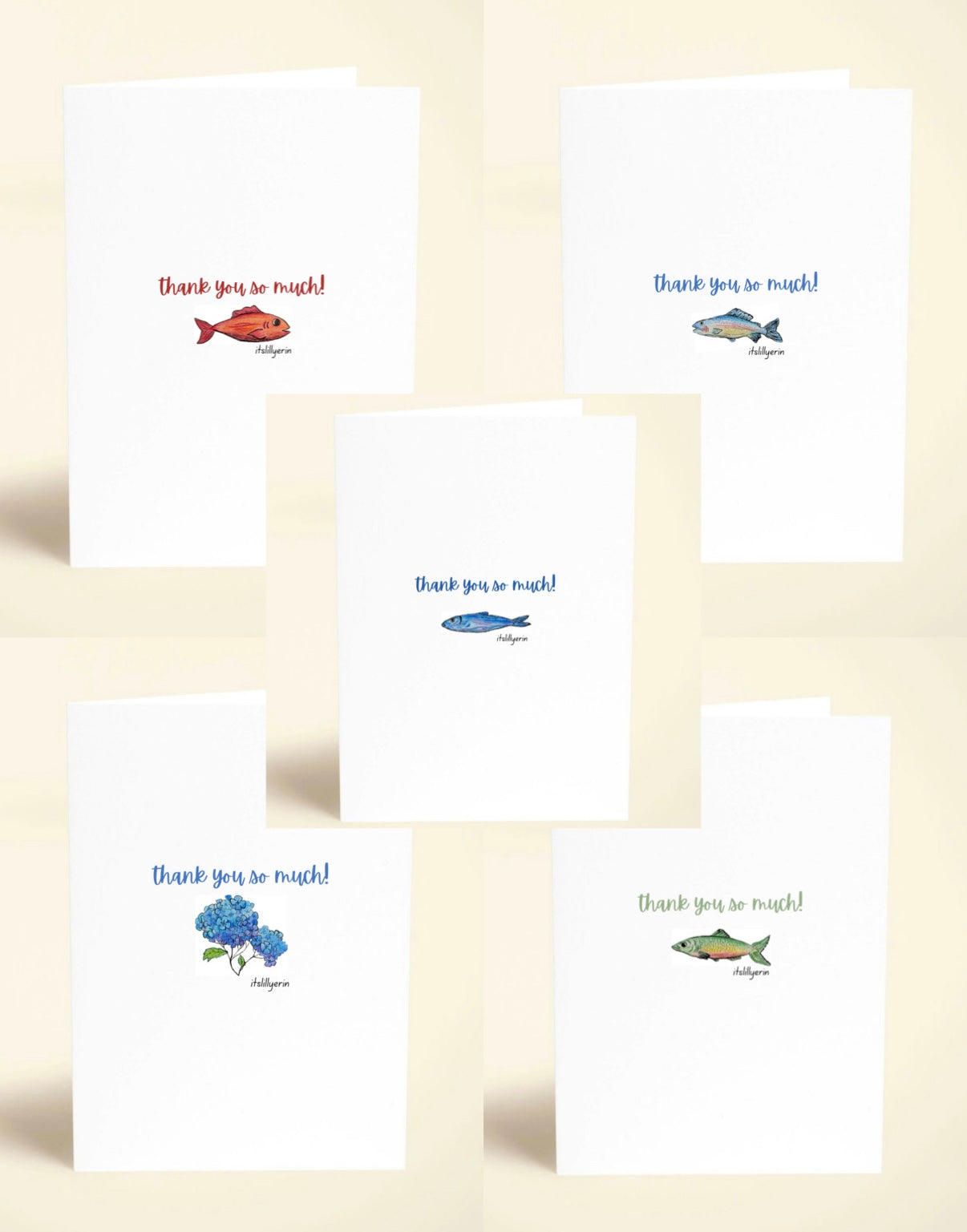 Set of five cards with fish illustrations and 'Thank you be nigh!' text on a beige background