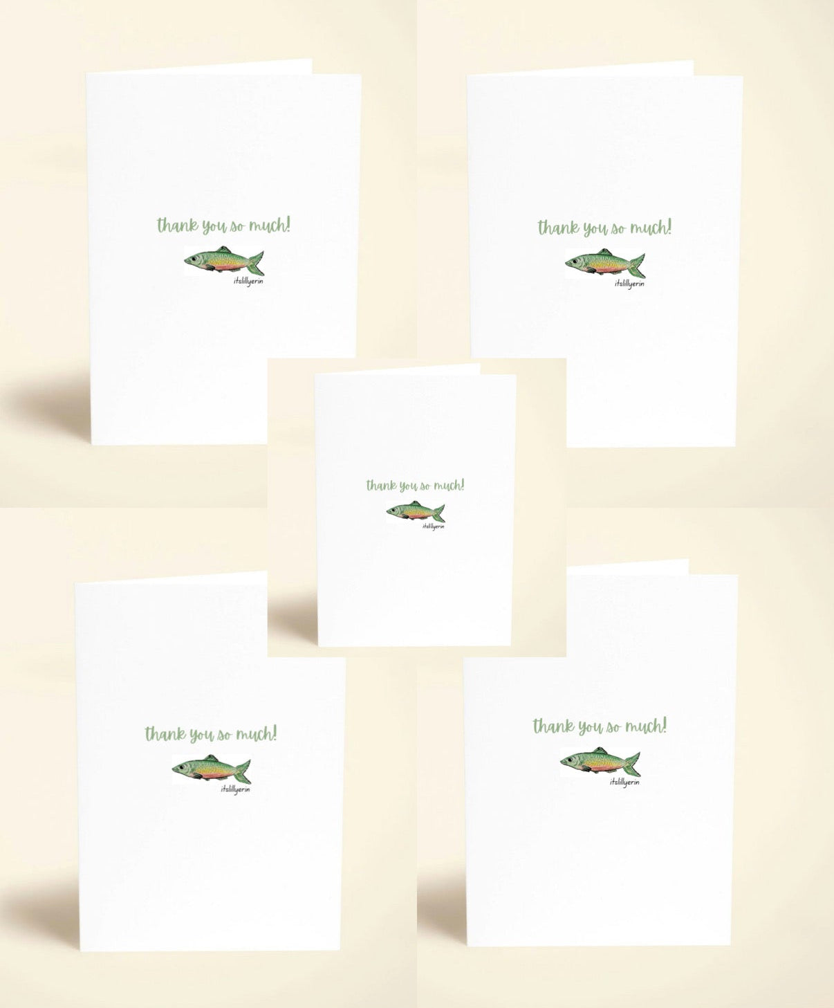 5 Pack Green Fish Thank You Cards