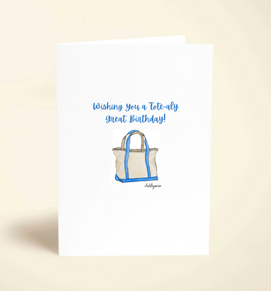 Greeting card with a tote bag illustration and birthday message on a beige background