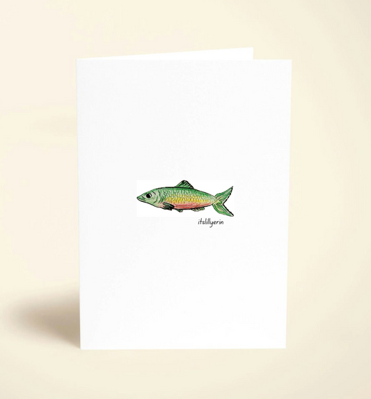 Note card with a fish illustration on a beige background