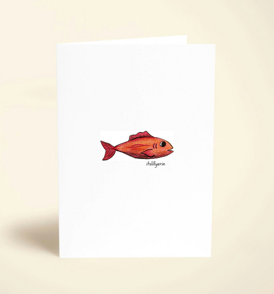 Note card with a red fish illustration on a beige background
